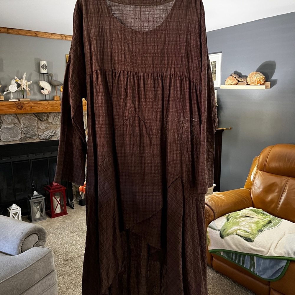 SHEIN fits 3x Cotton Linen Brown Textured High-Low Maxi Dress.(52”B x 35/48”L)